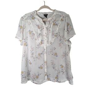 Torrid Top Size Womens Plus 2X Sheer White Floral Ruffle Pintuck Button Front